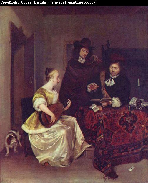 Gerard ter Borch the Younger A Woman playing a Theorbo to Two Men